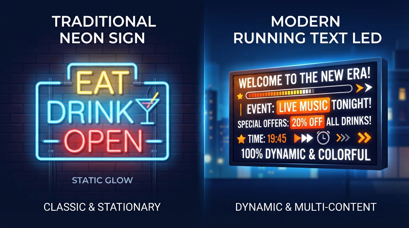 Running Text vs Neon Sign: Mana yang Lebih Efektif untuk Bisnis Anda?